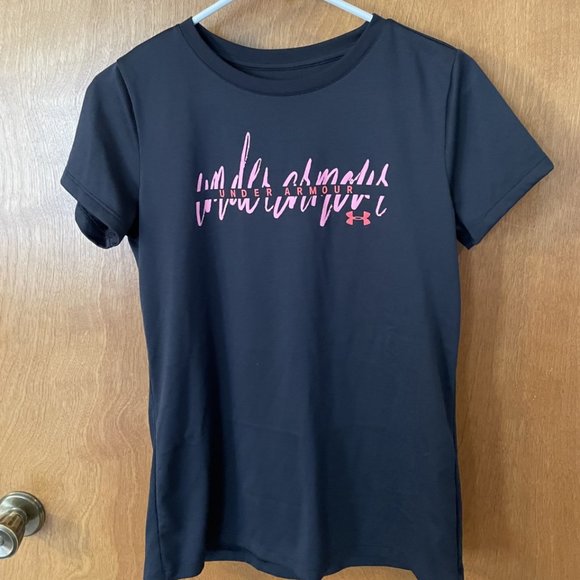 EUC Under Armour Women's UA Tech Graphic T-Shirt Black Pink Size Small Heatgear - Picture 2 of 6